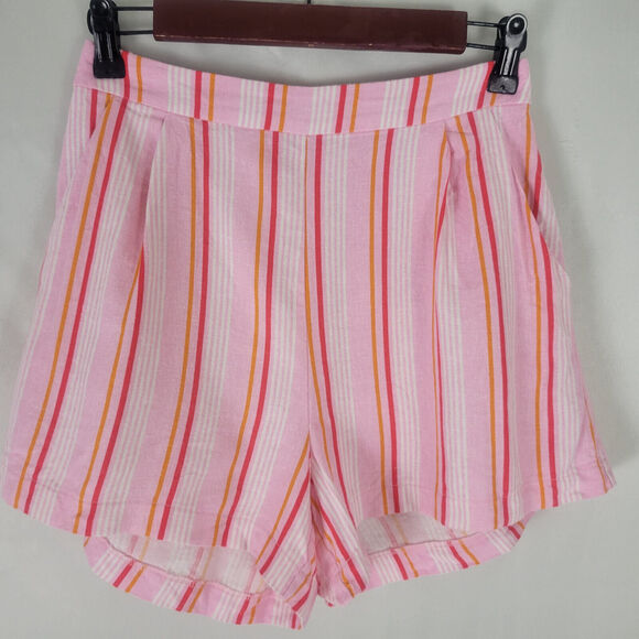 Lush Shorts Womens Small Pink Linen Blend High Rise Mom Candy Striped Zip Up - Picture 1 of 13